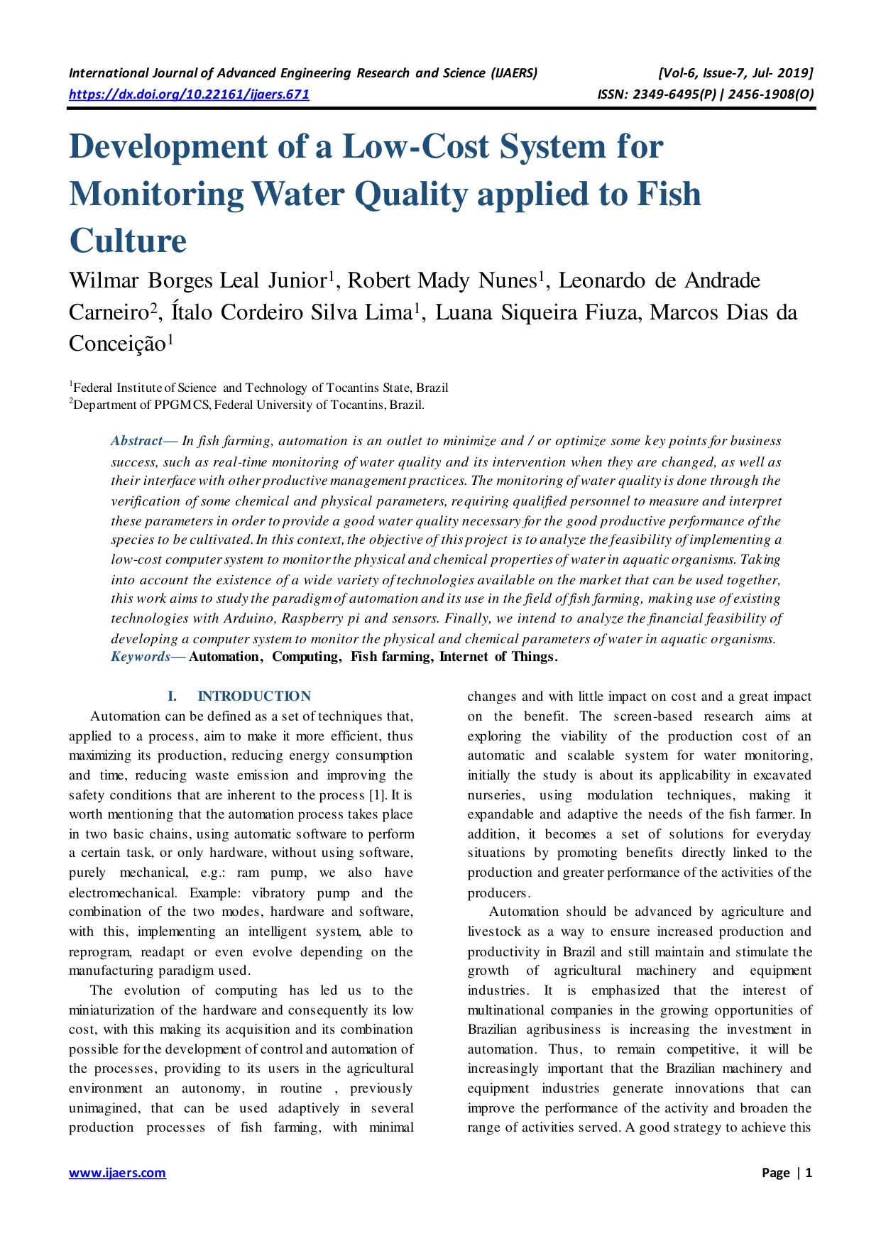 Publicação Development of a Low-Cost System for Monitoring Water Quality applied to Fish Culture de Wilmar Borges Leal Junior
