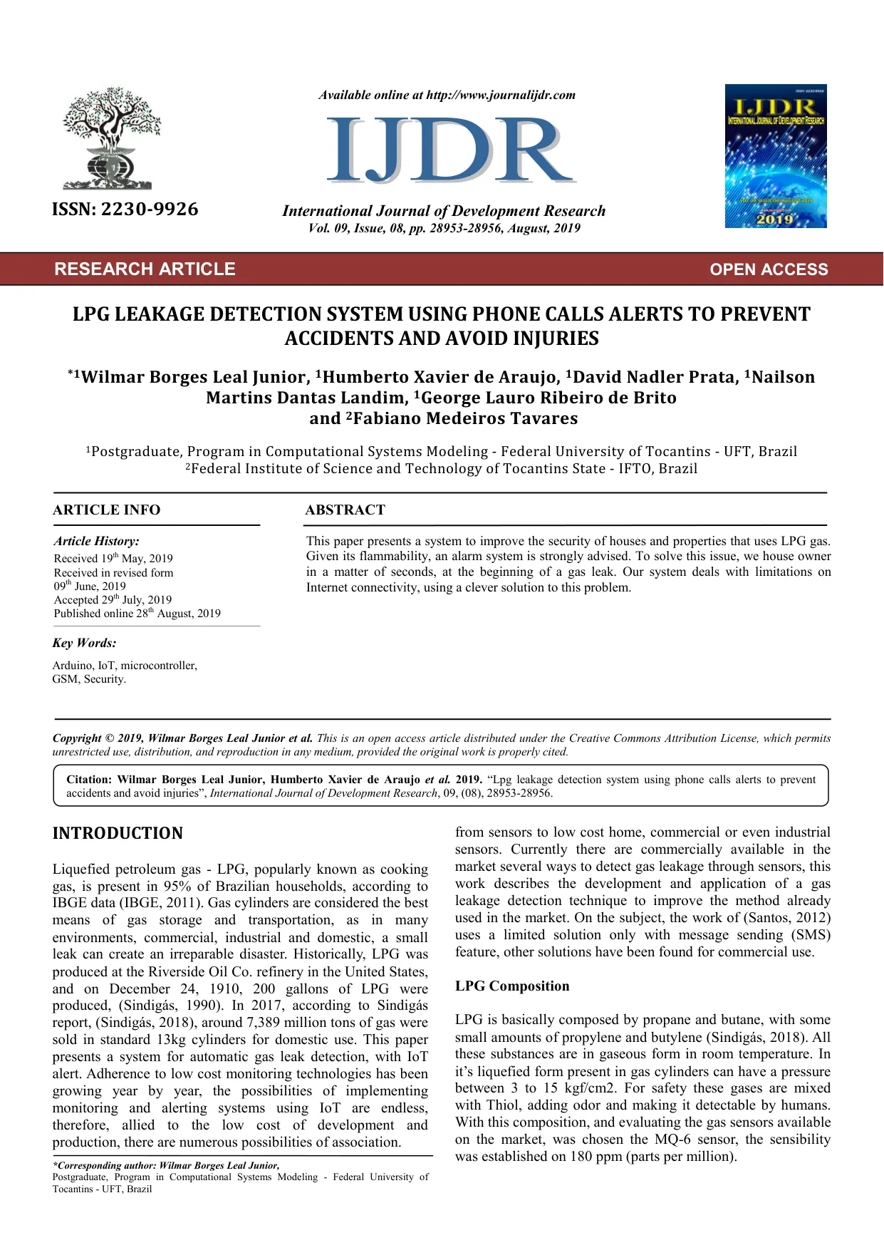 Artigo LPG LEAKAGE DETECTION SYSTEM USING PHONE CALLS ALERTS TO PREVENT ACCIDENTS AND AVOID INJURIES de Wilmar Borges Leal Junior
