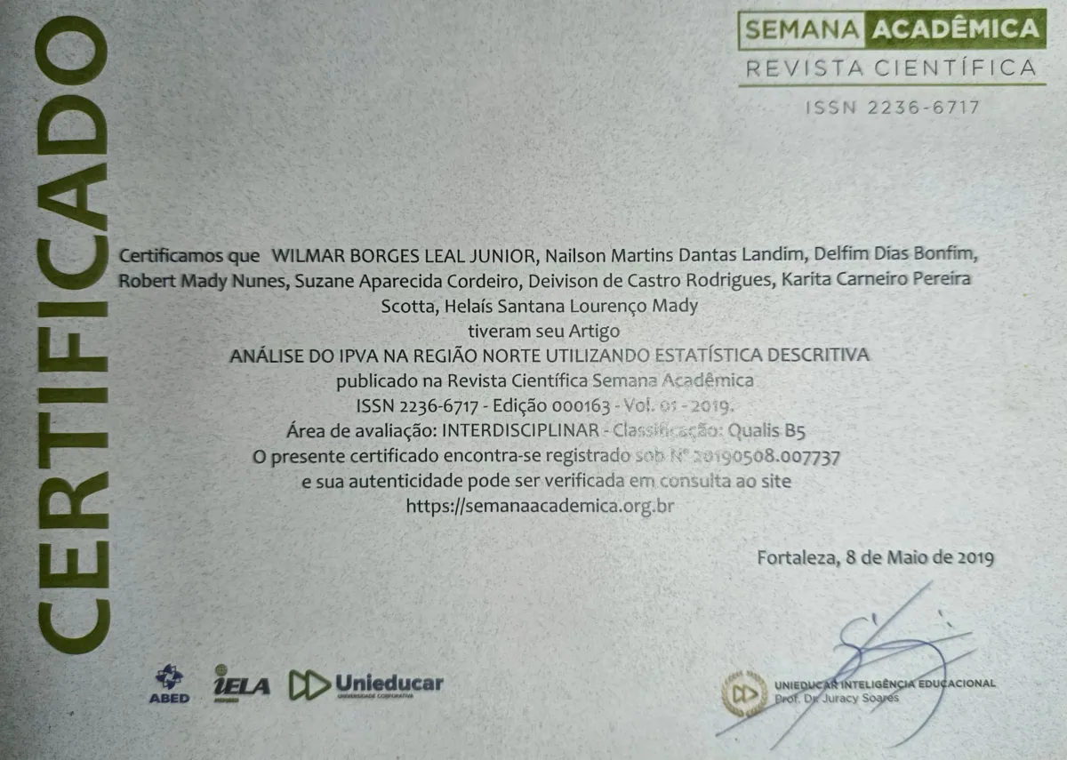 Publicação ANÁLISE DO IPVA NA REGIÃO NORTE UTILIZANDO ES de Wilmar Borges Leal Junior