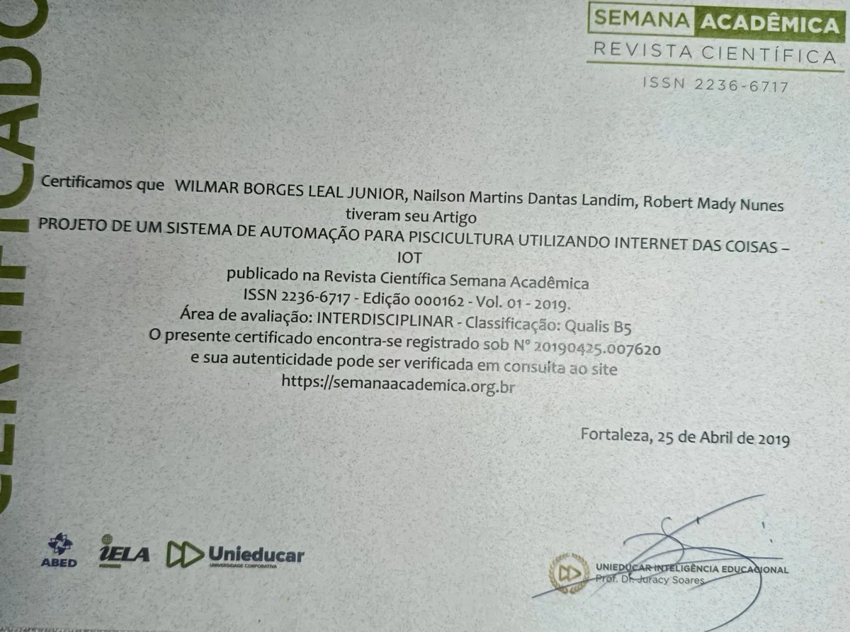 Publicação Artigo 'AUTOMAÇÃO PARA PISCICULTURA UTILIZANDO INTERNET DAS COISAS - IOT' de Wilmar Borges Leal Junior