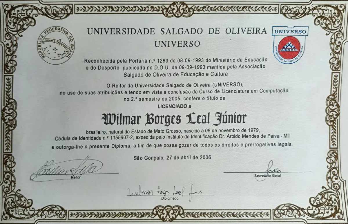 Diploma Licenciatura em Computação de Wilmar Borges Leal Junior