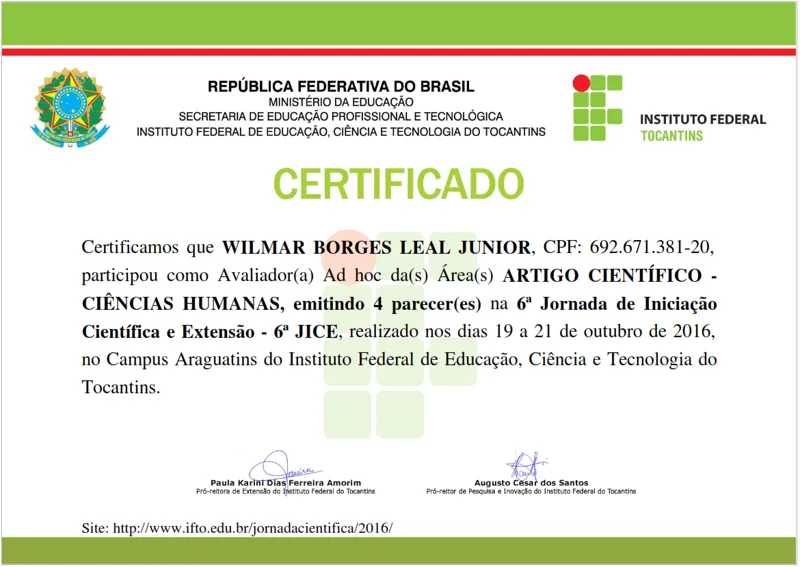 Evento 6º Jornada de Iniciação Científica e Extensão - 6º JICE de Wilmar Borges Leal Junior