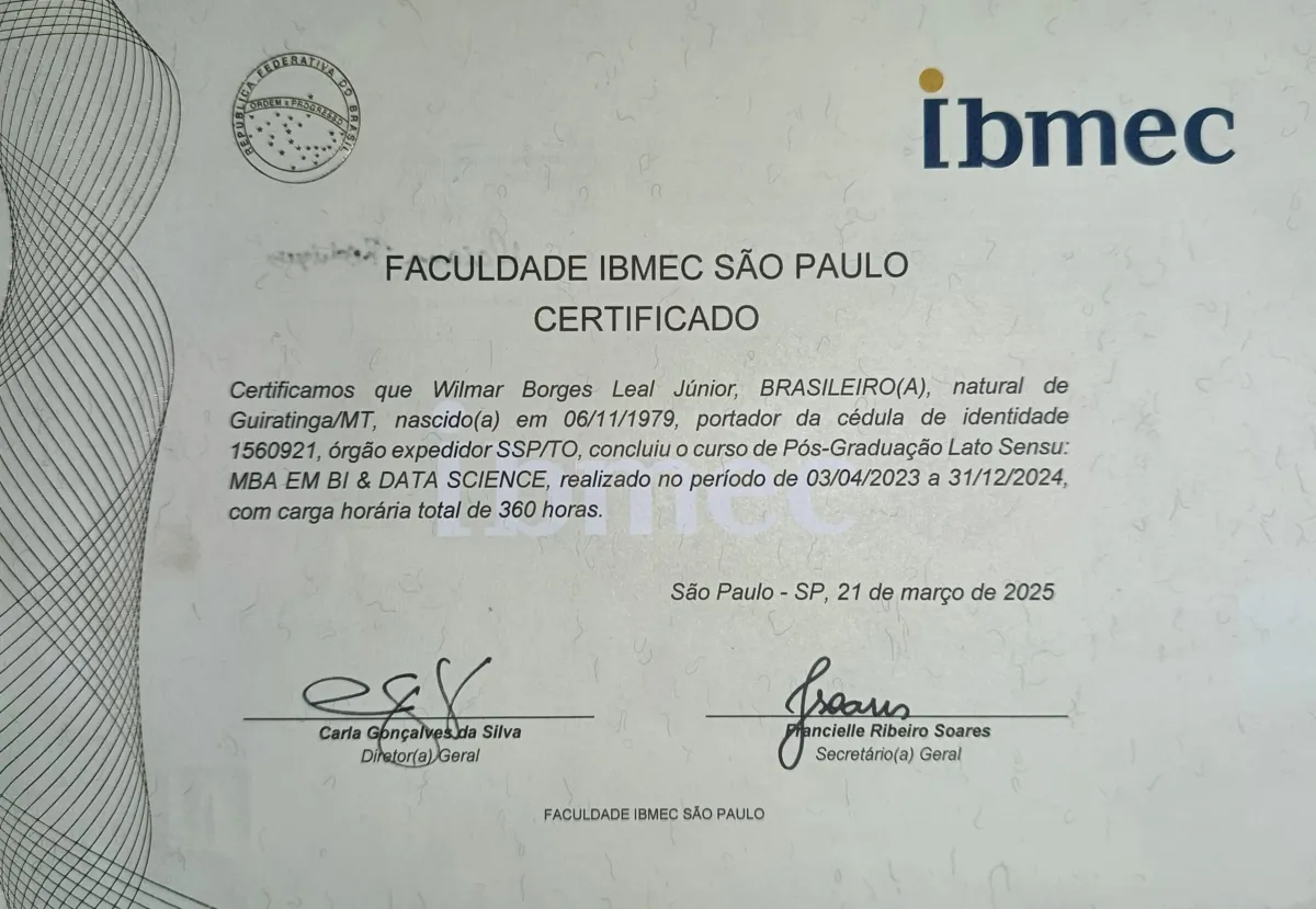 Pós-Graduação MBA EM BI & DATA SCIENCE de Wilmar Borges Leal Junior
