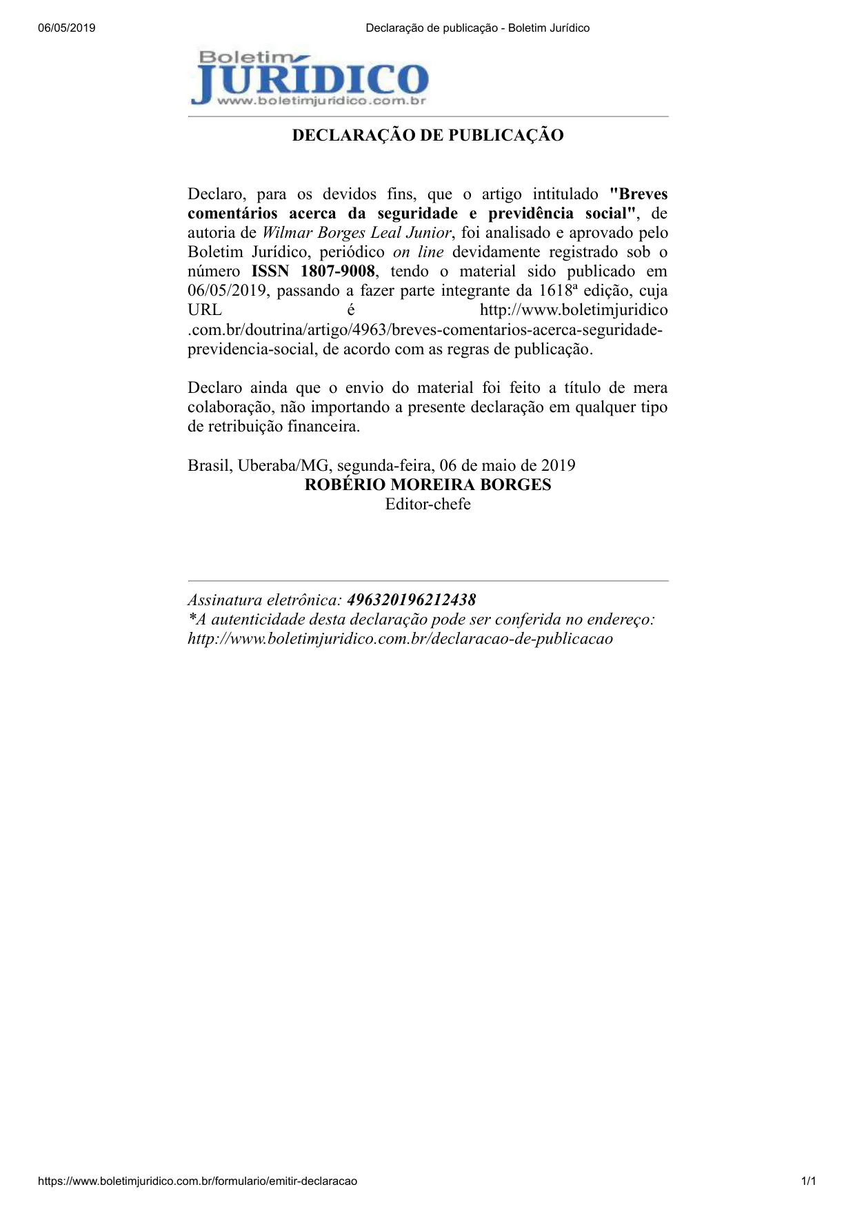 Publicação Breves comentários acerca da seguridade e previdência social de Wilmar Borges Leal Junior