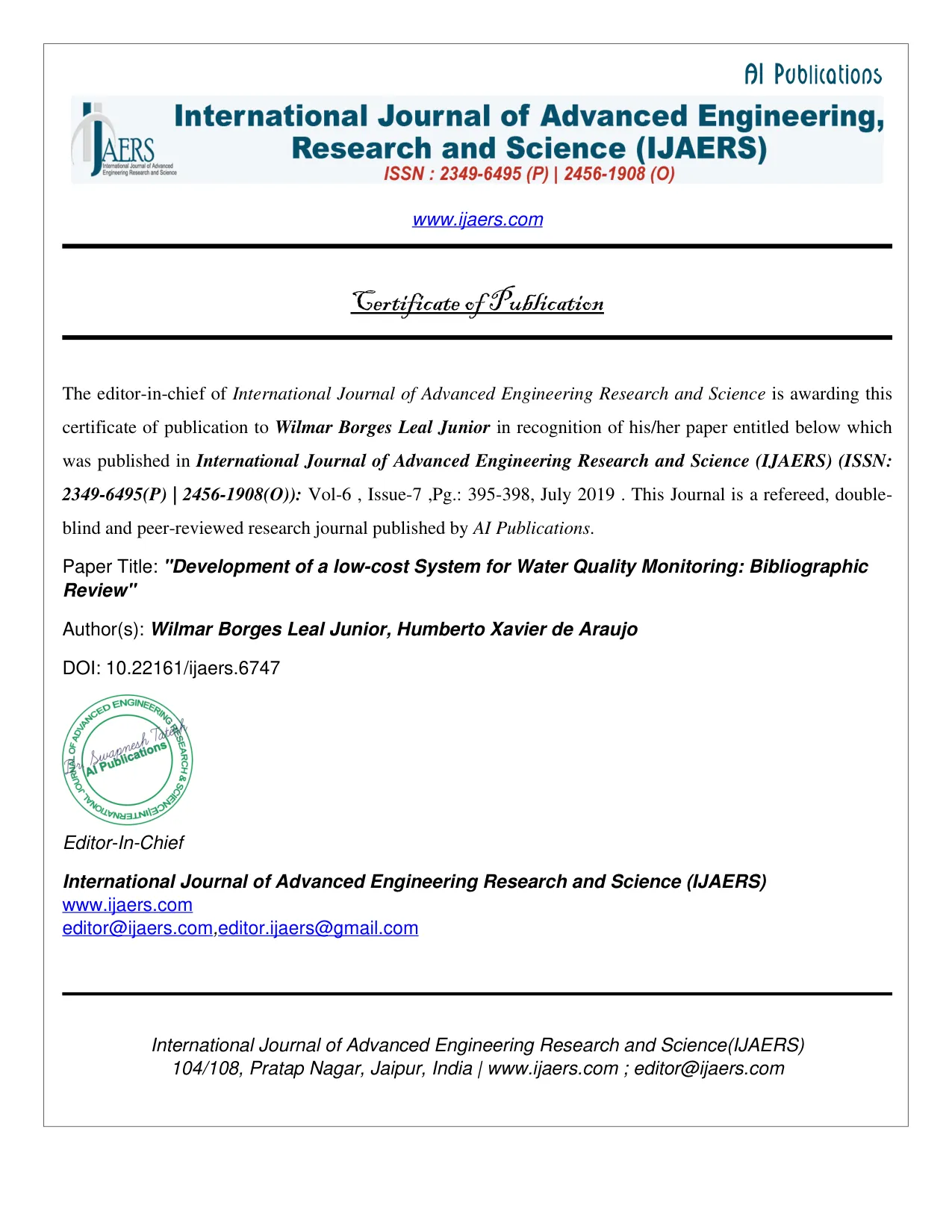 Publicação Development of a low-cost System for Water Quality Monitoring: Bibliographic Review de Wilmar Borges Leal Junior